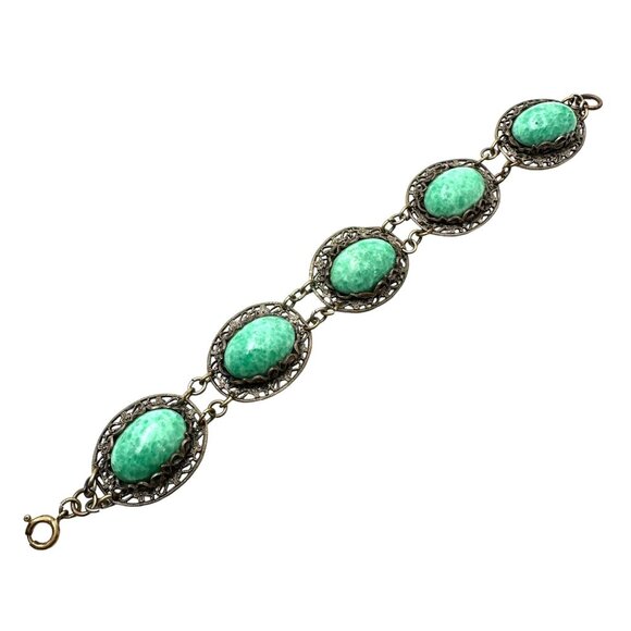 Vintage Czech Green Peking Glass Antiqued Gold Tone Bracelet 7 Inch - Picture 1 of 6